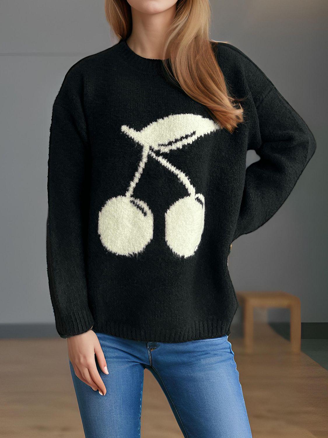 Cherry Sweater Round Neck Long Sleeve Casual Basic Knitwear 4a2acc1a-f92f-40d3-b247-4235ee396dc9-Max Trendsi
