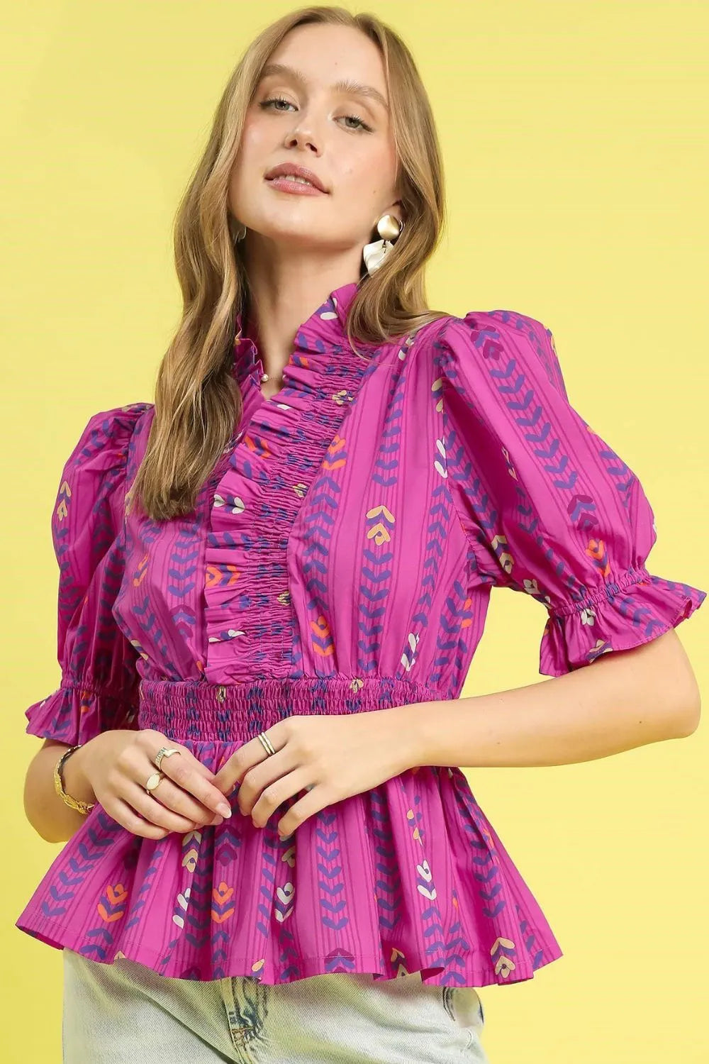 Umgee Blouse Red-Violet Printed Half Sleeve Peplum Ruffled Smocked Top 4a2dc8ee-f317-45c7-a208-bd4b07646650-Max-Origin Trendsi