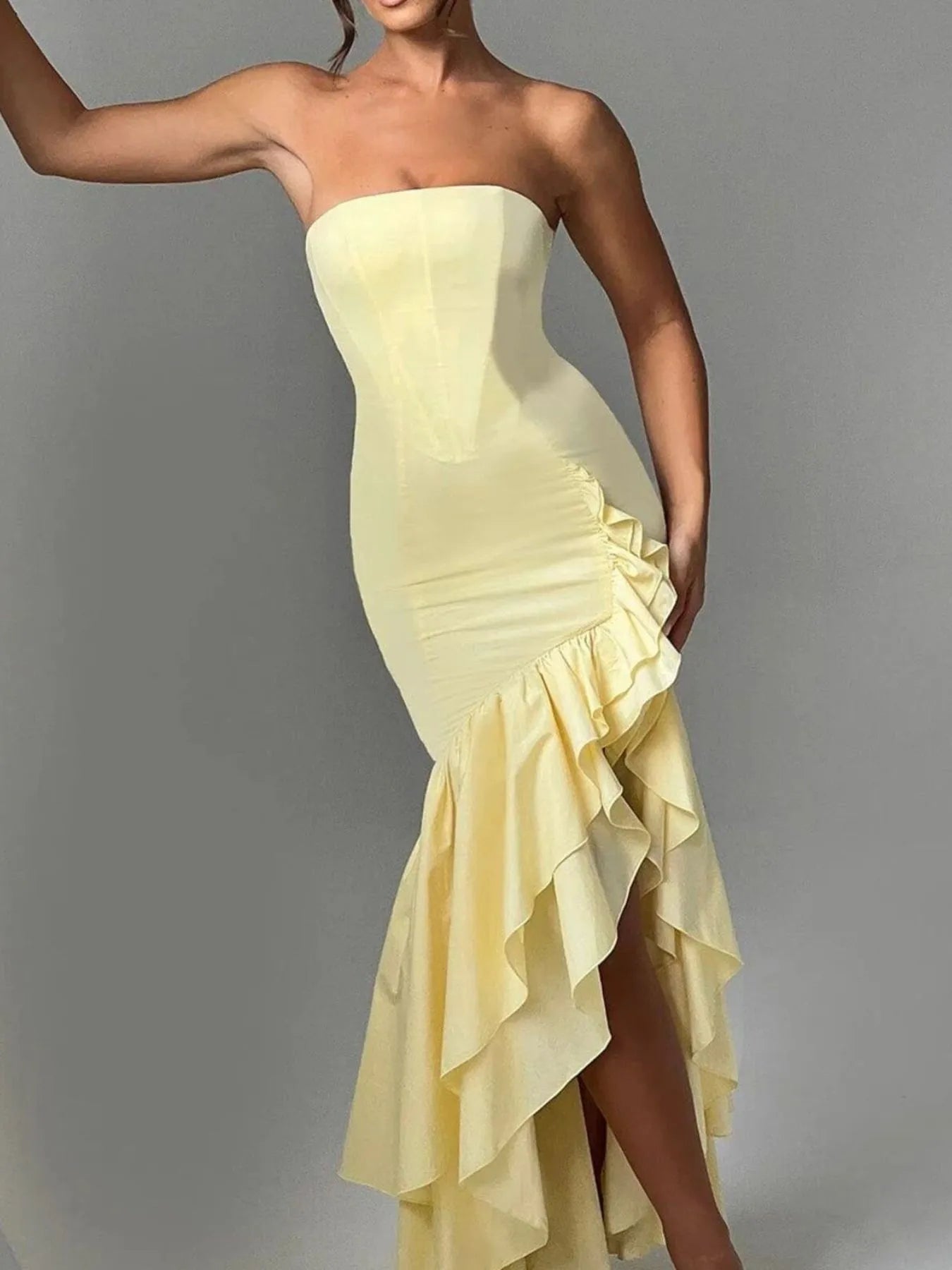 Bodycon Dress Strapless Ruffle Split High-Low Tiered Party Dresses 4a340ad8-4924-444d-aad7-8d5317de4748-Max-Origin Trendsi