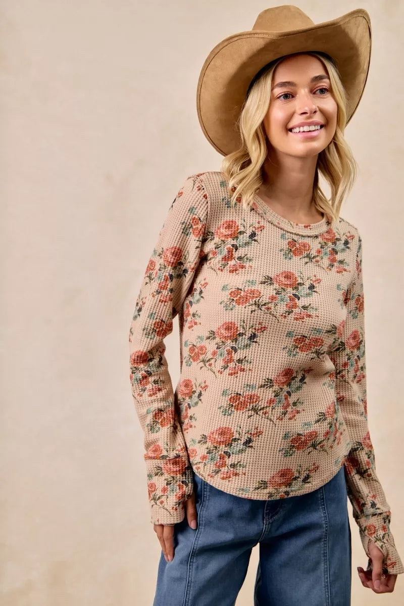 BiBi Womens Blouse Taupe Floral Print Washed Waffle Thermal Top with Thumbs 4a3c8f2948c546909c5c24d97b442ea1-Max-Origin Trendsi