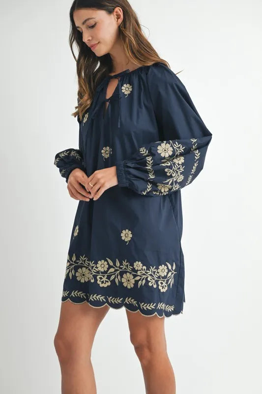 MABLE Mini Dress Navy Floral Embroidered Long Sleeve Peasant Tied 4a3e3a32c663456085bc0c4bda692b65-Max-Origin Trendsi