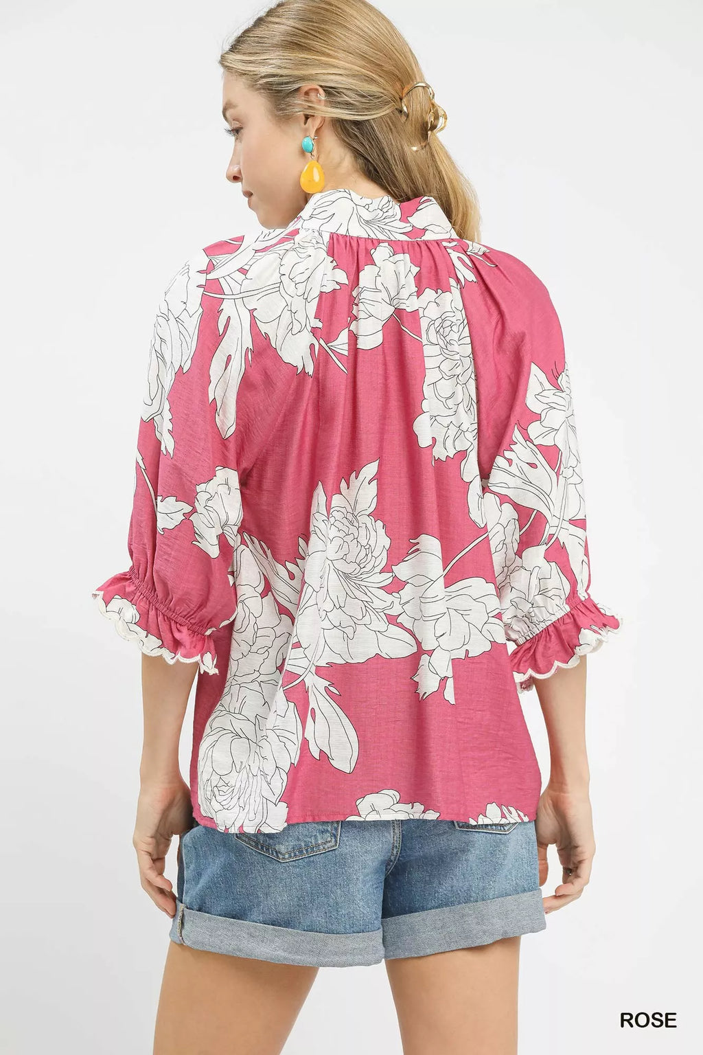 Umgee Womens Blouse Rose Peony Illustration Print Flounce Sleeve Top 4a442916-3035-491e-8937-3ef4c8912210-Max-Origin Trendsi