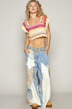 POL Cropped Knit Top Openwork Ethnic Pattern Short Sleeve Yellow 4a47fec8-ab28-4743-afe9-c6a173bdfb70-Max Trendsi