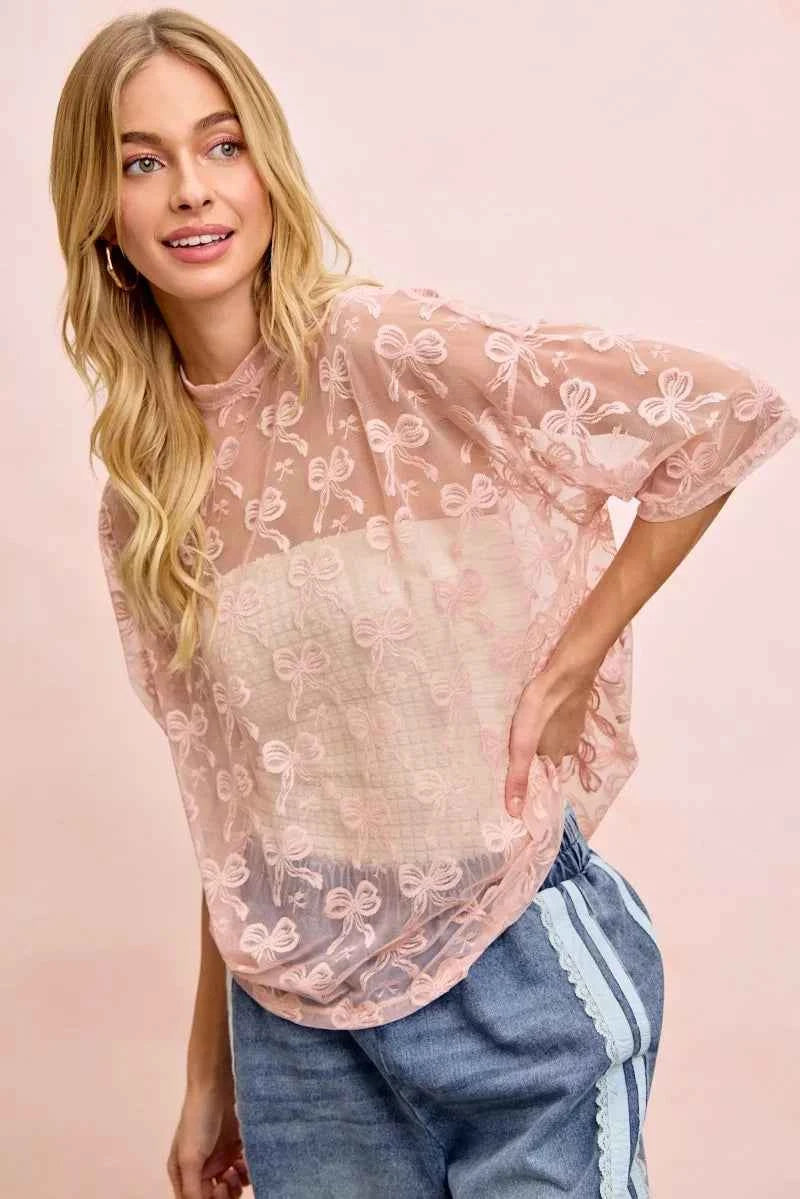 BiBi Bow Pattern Short Sleeves Boxy Mesh Top