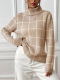 Plaid Sweater Turtleneck Knit Long Sleeve Knitwear Tan 4a55255a-60d7-4dda-83f8-250aa9dfdb49-Max Trendsi