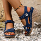Open Toe Wedge Sandals with Mid-Heel, PU Leather and Rubber, Various Sizes