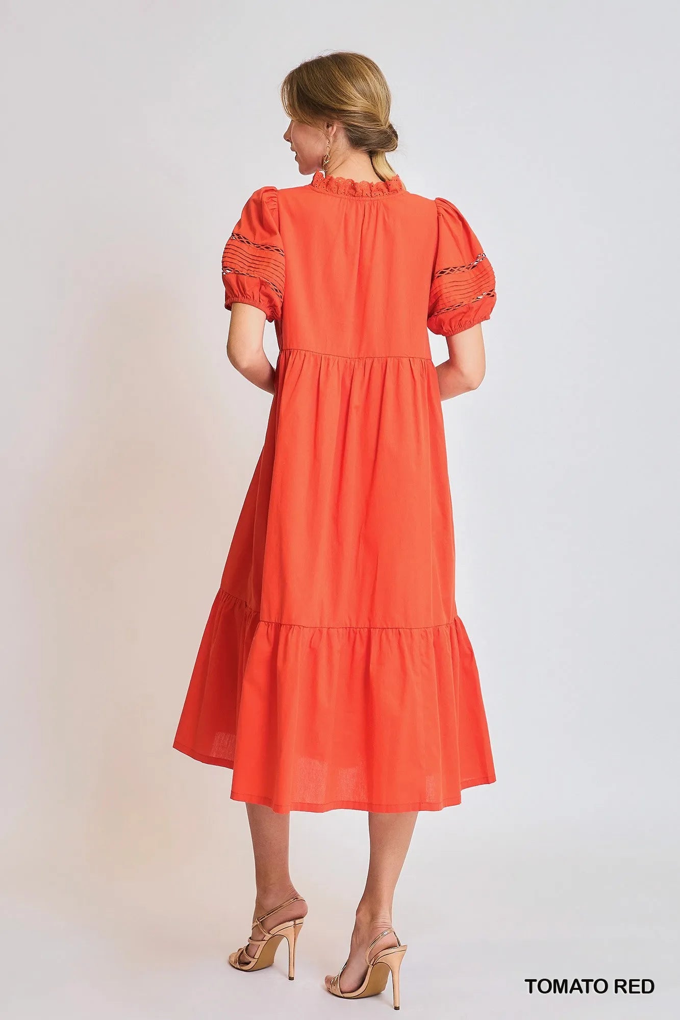 Umgee Midi Dress Red Short Puff Sleeve Lace-Trim Ruffled 4a5e6df2-5a7f-49c1-bd21-b78c6187e546-Max-Origin Trendsi