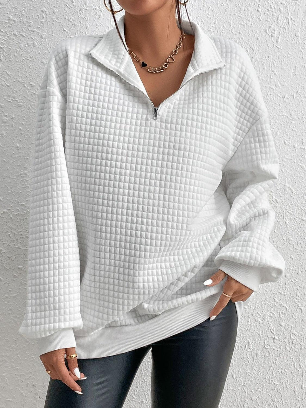 Sweatshirt White Textured Collared Neck Long Sleeve White 4a644911-17e2-4746-928d-80613a01ec78-Max Trendsi