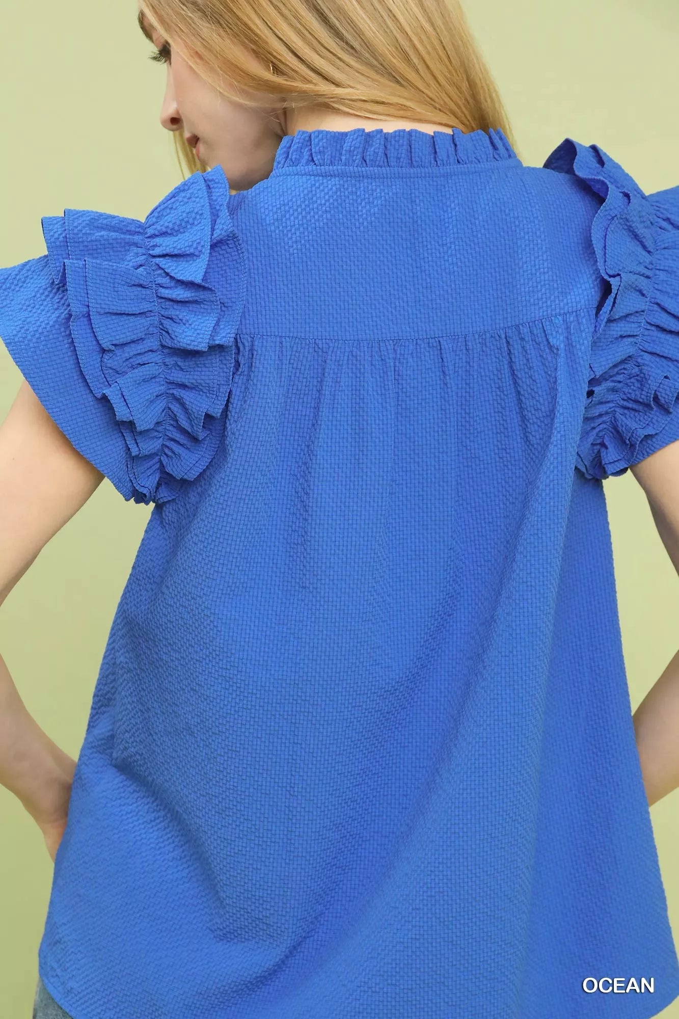 Umgee Women Blouse Textured Ruffle Sleeve Notched Top Ocean Blue 4a6a4b70-99bb-4cc8-81b3-1d1ee9e220d7-Max-Origin Trendsi