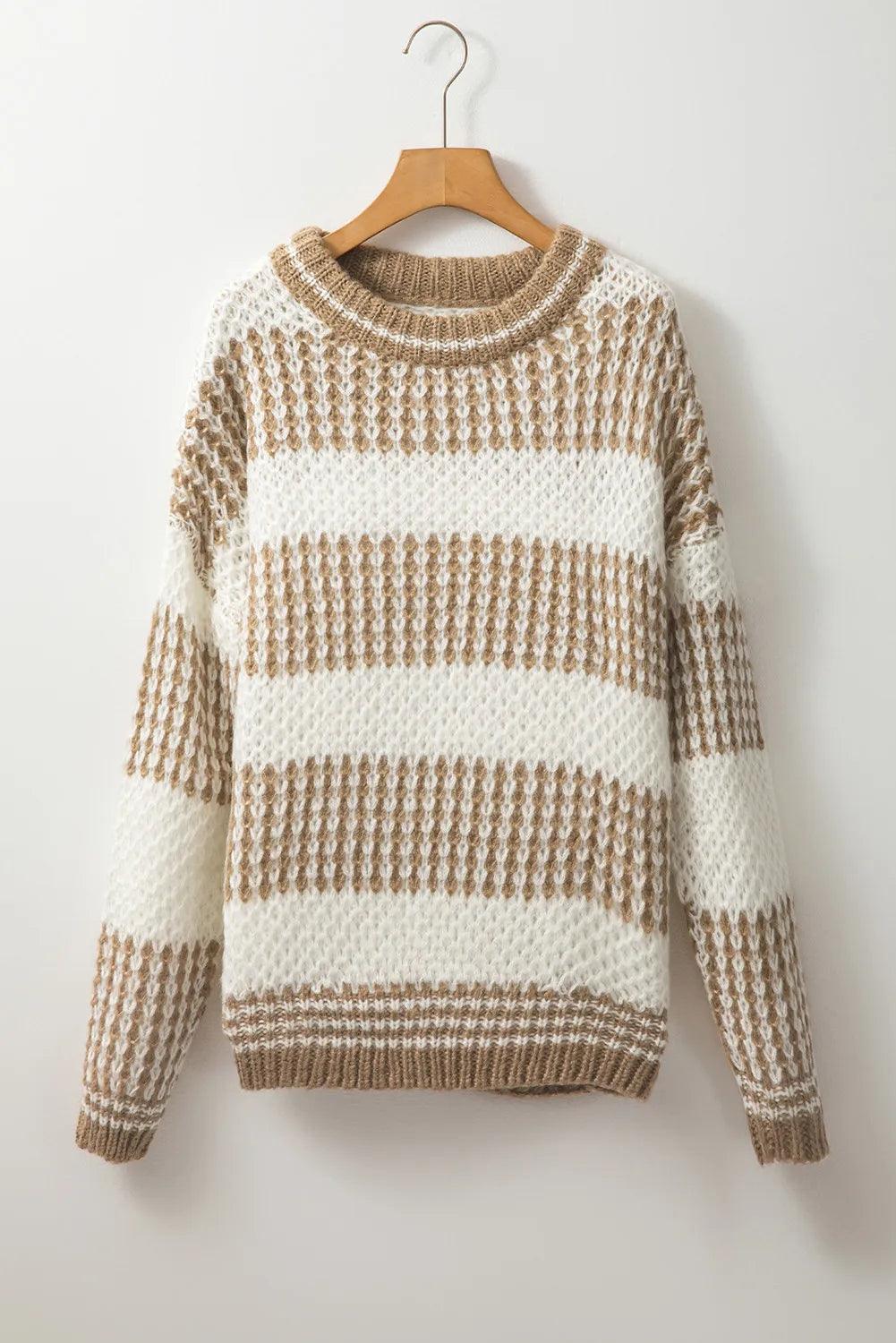 Striped Sweater Round Neck Dropped Shoulder Long Sleeve Knitwear 4a70558c-2e95-425e-ba60-888b8d4b6f9a-Max Trendsi