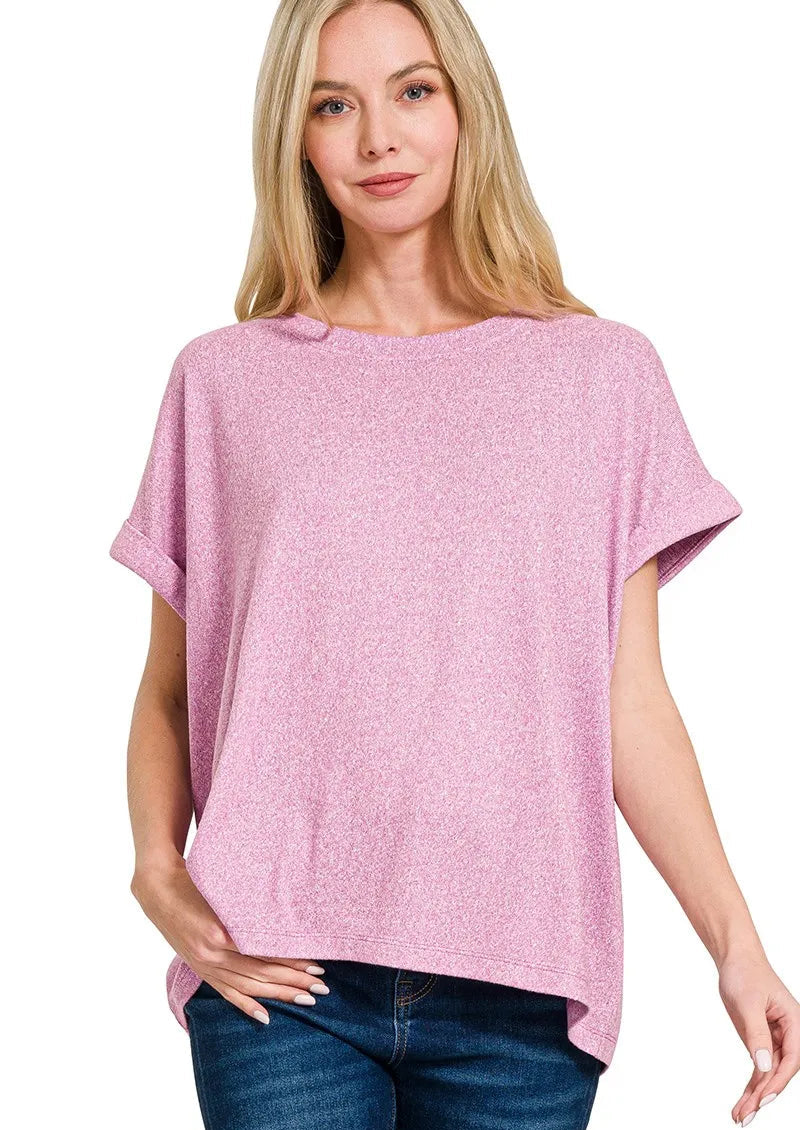 Zenana T-shirt Soft Melange Hacci Bright MauveShort Sleeve Round Neck Top BRIGHT MAUVE 4a719e691bab4e05be5dc8e929df377f-Max-Origin Trendsi