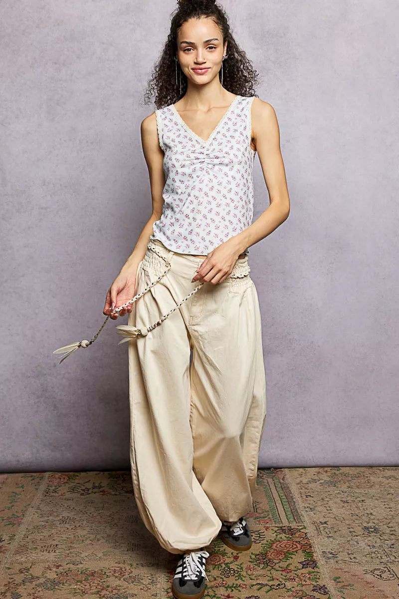 POL Floral V-Neck Tank Top Pure Water Ruched with Lace Detail Sleevless 4a71fa96-38c0-4058-80f8-e9b99f2dbbe7-Max-Origin Trendsi