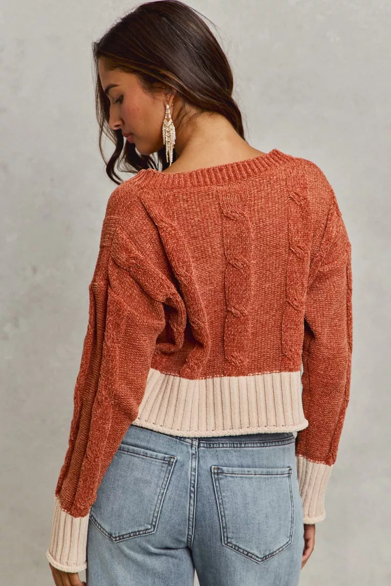 SO ME Cropped Sweater Rust Contrast Chenille Cable Knit V Neck Top 4a7b3367272b4a238880213e8b76da8e-Max-Origin Trendsi