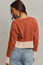 SO ME Cropped Sweater Rust Contrast Chenille Cable Knit V Neck Top 4a7b3367272b4a238880213e8b76da8e-Max-Origin Trendsi