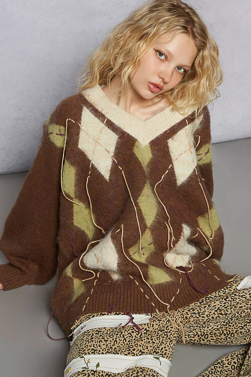 POL Sweater V-Neck Mocha Argyle Pattern Mohair with Contrast Exposed Stitch 4a7f6a12-ca47-4c41-a8d0-a209828e4cb4-Max-Origin Trendsi