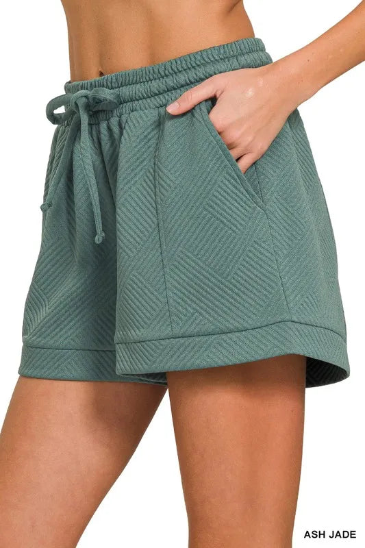 Zenana Shorts Textured Knit Jacquard Drawstring Pocketed Ash Jade 4a8532605d1046749f62934a9954f116-Max-Origin Trendsi