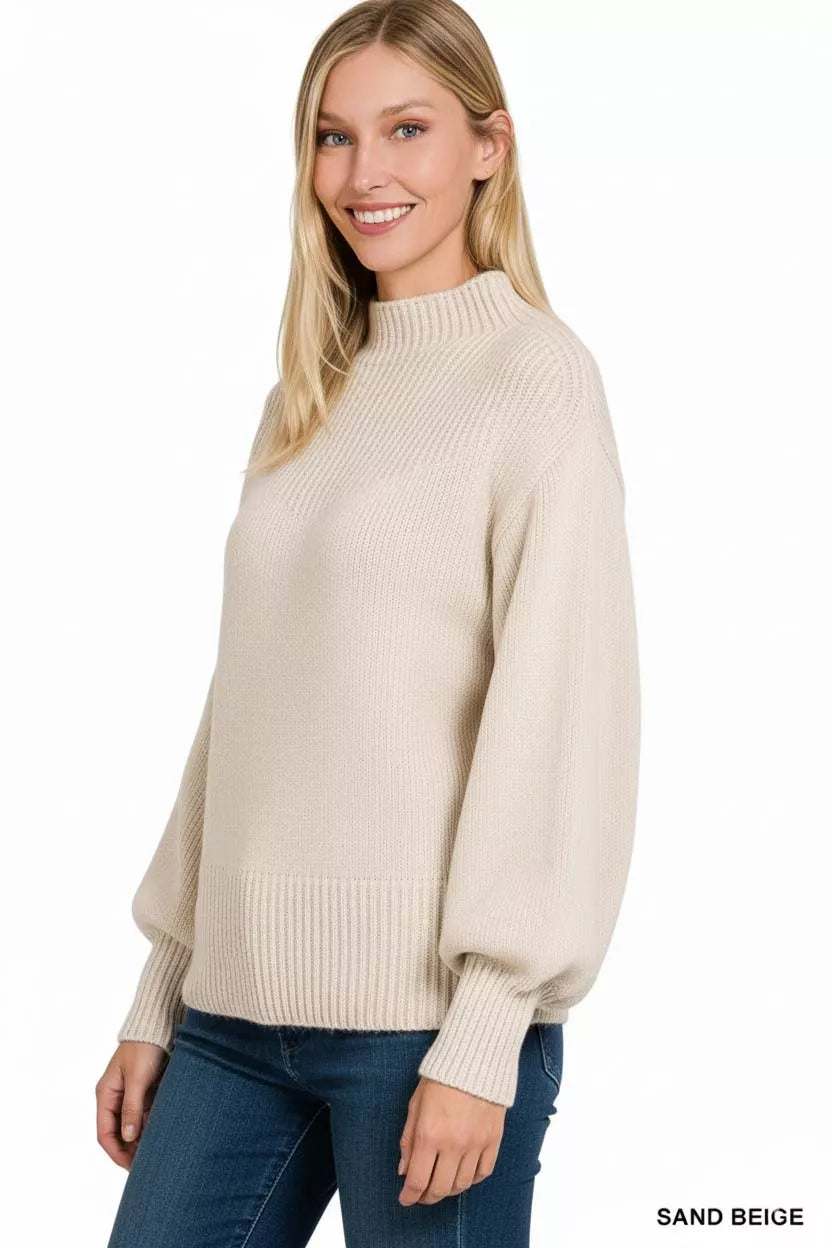 Zenana Womens Sweater Mock Neck Sand Beige Balloon Sleeve Pullover 4a88234f-127d-4a7c-b634-eefcb9fd529d-Max-Origin Trendsi