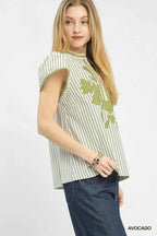 Umgee Blouse V-Neck Avocado Green Stripe Embroidered Top with Lace Trim 4a8cfbad-e242-46fa-ae06-f2a89a4a67b2-Max-Origin Trendsi