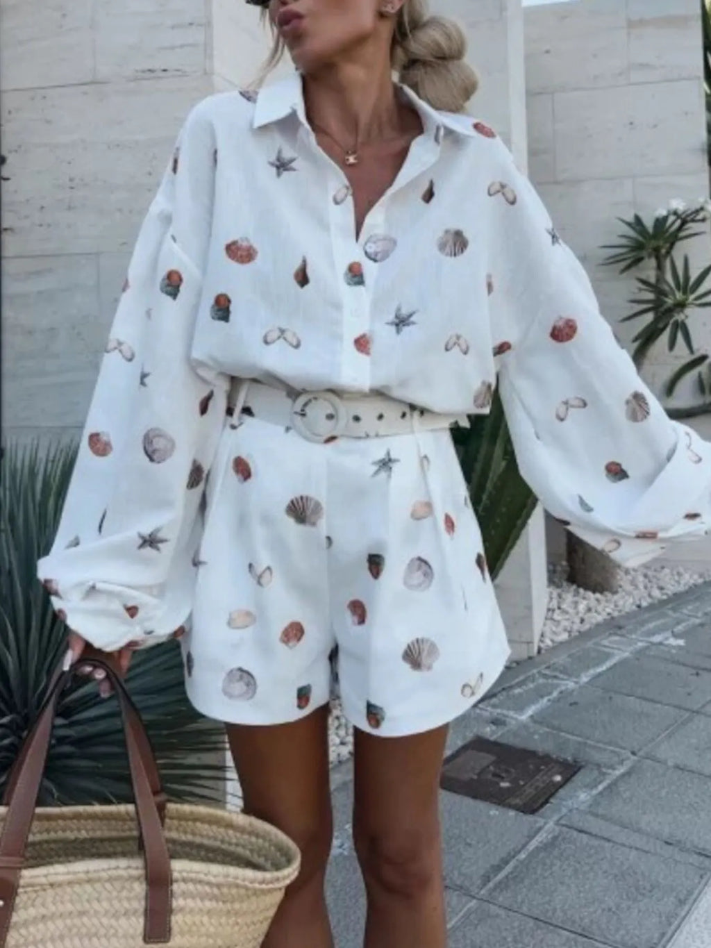 Women's Outfit Set Shell Print Long Sleeve Shirt and Belt Shorts 2 Pcs White 4a9746a2-6a8d-4be2-b27f-8a705dfd7a8e-Max-Origin Trendsi