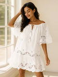 Mini Dress White Crochet Eyelet Embroidered Tassel Tie Neck Short Sleeve White 4a99a5e5-3d91-4b61-a526-25c169d1bb9e-Max-Origin Trendsi