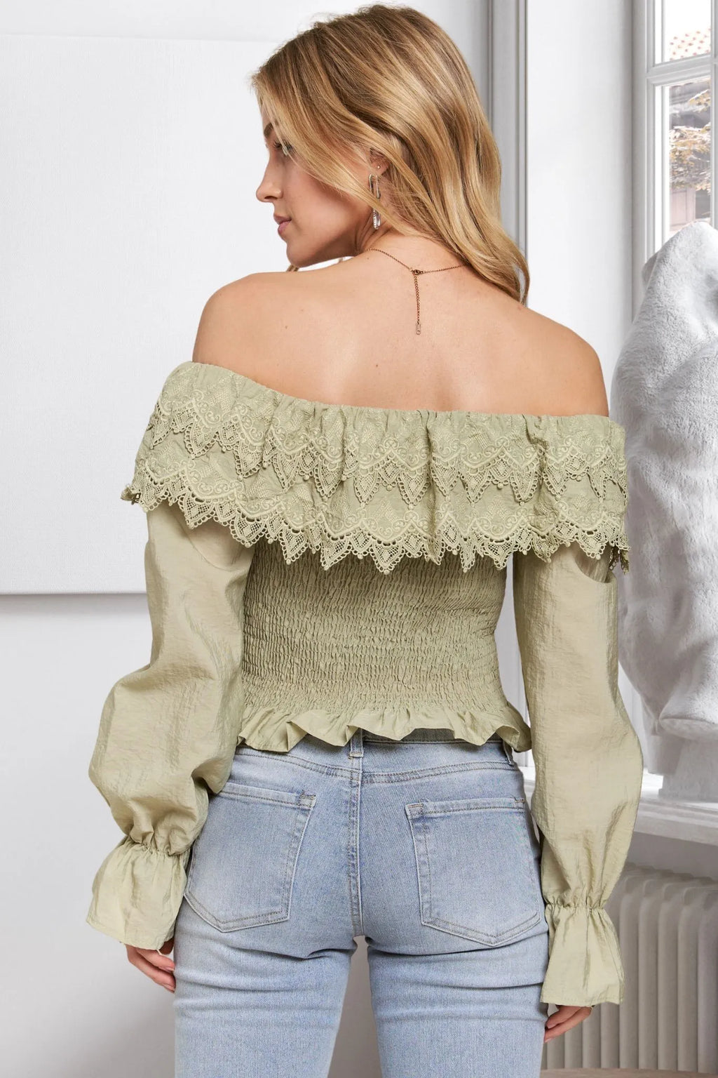 ADORA Smocking Blouse Off Shoulder with Eyelet Lace Ruffle Long Sleeve 4a9a7f5cadd74377adef1d2c265e0eb9-Max-Origin Trendsi