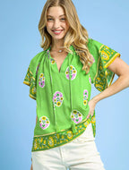 Umgee Blouse Green Boho Bloom Border Tied Top Short Sleeve GREEN 4aa2b81d-c72c-4ca2-b8cb-e72b262cba88-Max-Origin Trendsi