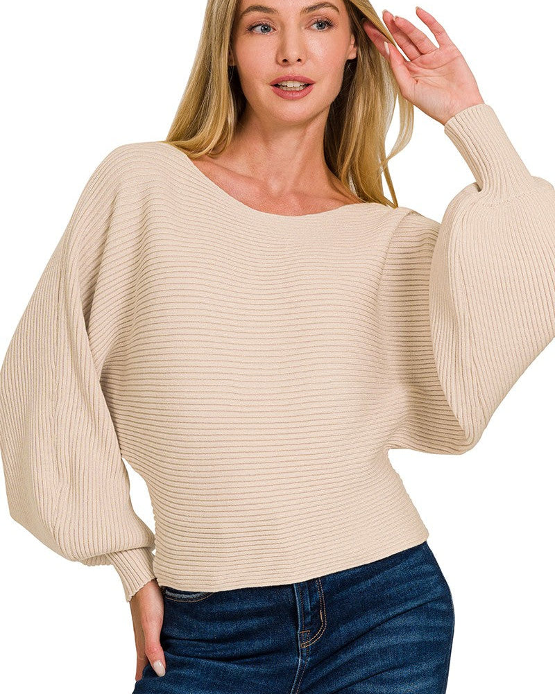 Zenana Boat Neck Balloon Sleeve Sweater