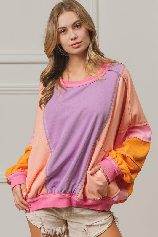 Sweatshirt Color Block Exposed Seam with Pockets