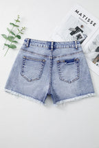 Denim Shorts Pearl Studded Pockets Raw Hem Light Blue 4ab093d2-5304-49c6-826c-f74c2e08471d-Max-Origin Trendsi