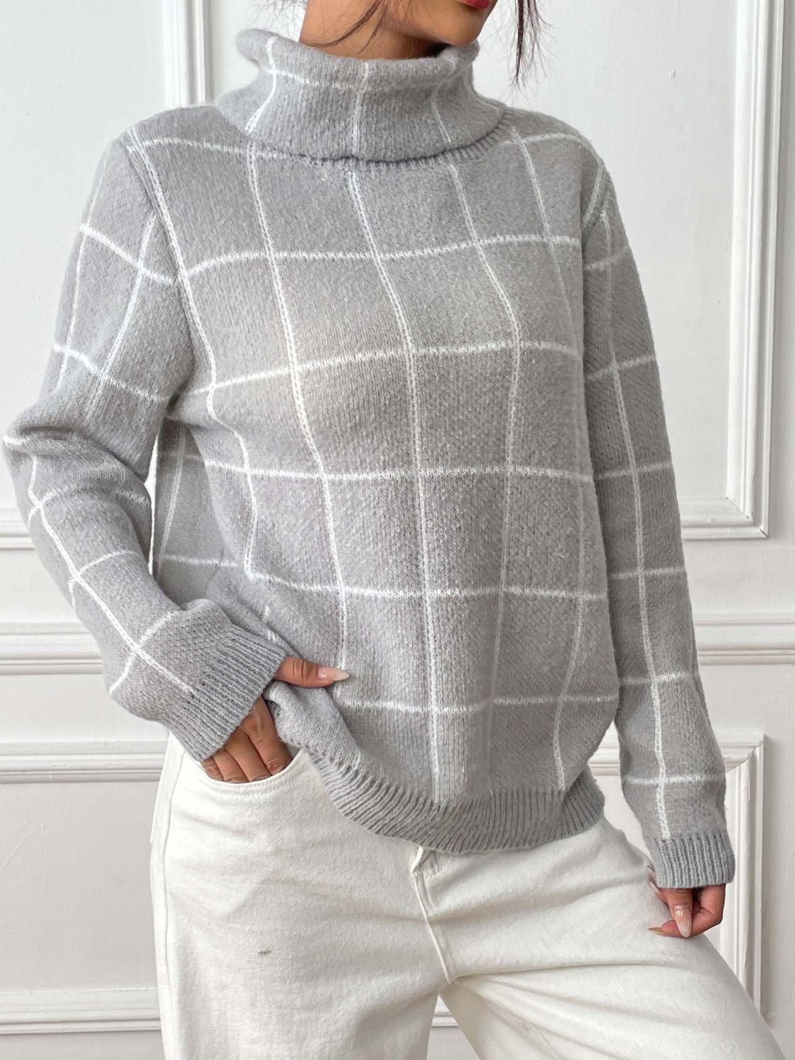 Plaid Sweater Turtleneck Knit Long Sleeve Knitwear Gray 4ab5a964-c242-47cc-9dd3-1a6282e329c1-Max Trendsi