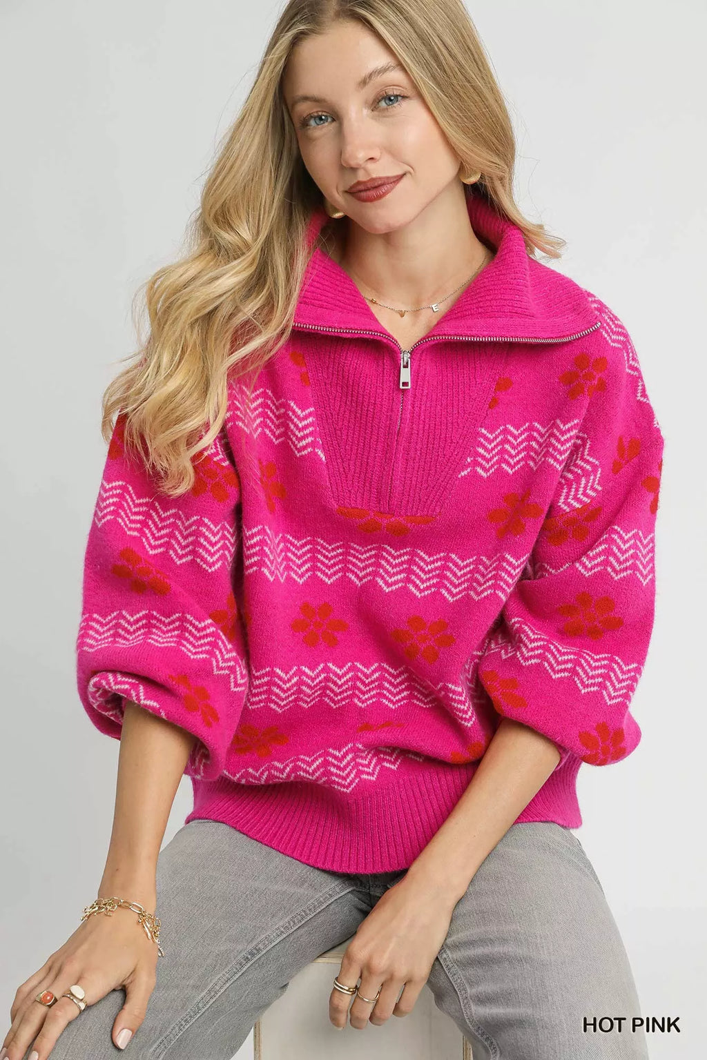 Umgee Womens Sweater Hot Pink Floral Patterned Jacquard Quarter-Zip Pullover 4ab85838-ecaa-437d-a8a5-b18ee6685606-Max-Origin Trendsi