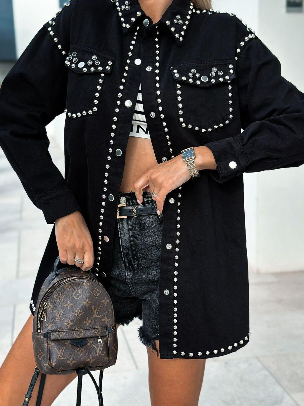 Studded Black Denim Shacket Snap Down Long Sleeve Belted Outwear 4aba0fb4-70ed-4320-91e8-5d99d312ca01-Max Trendsi