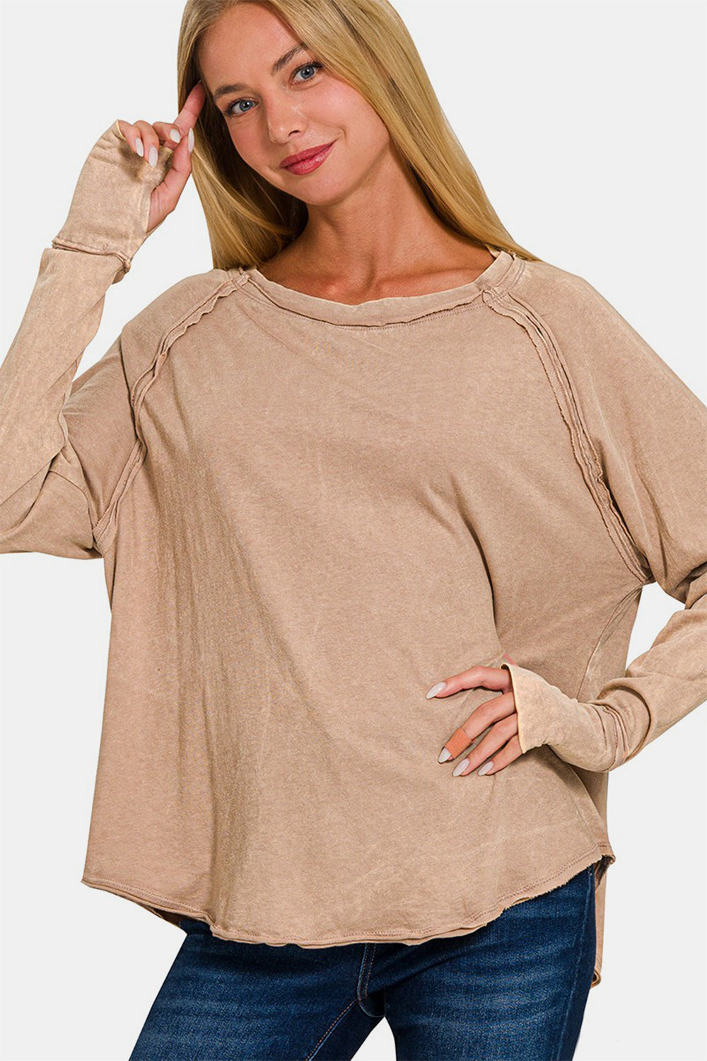 Zenana Top 100% Cotton Thumbhole Women Round Neck Ash Mocha Long Sleeve T-shirt