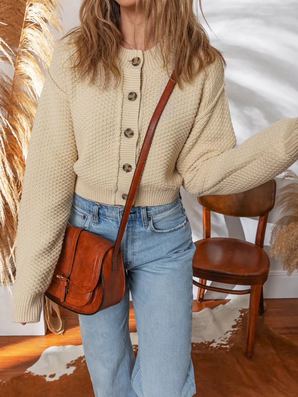 Womens Cardigan Beige Knit Button Front Cropped Long Sleeve 4abc6ef25c5542edadd0afe8df66fb87-Max-Origin Trendsi