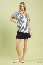 Umgee Women Blouse Blue Striped Notched Top with Short Flutter Sleeves 4ac23ef1-a59f-44ac-a414-2fca68de3bfe-Max-Origin Trendsi