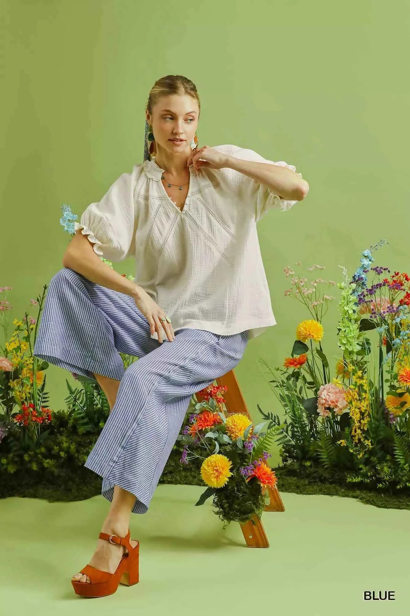 Umgee Linen Blend Wide Leg Pants Blue Striped Drawstring Waist Trousers 4ac4dbc0-d755-4d77-b2b8-c26a3d1fd60d-Max-Origin Trendsi