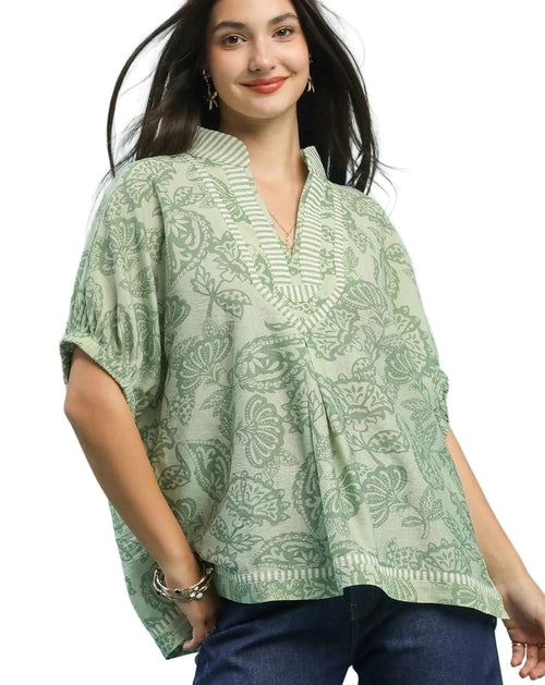 Umgee Botanical Print Mixed Trim Tunic Top Women’s Boho Blouse S‑L