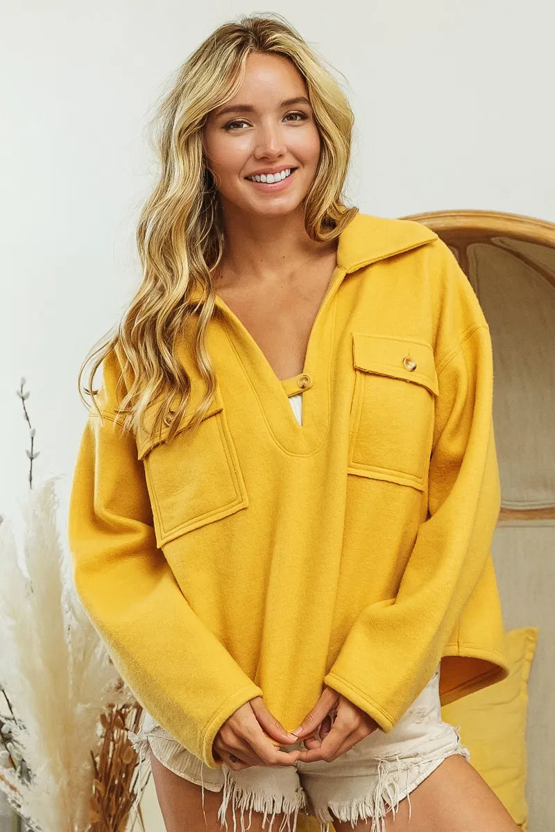 BiBi Sweatshirt Mustard Cotton Blend Fleece Collared with Flap Pockets Top 4ad13181ac67416c8ba9faedaede7687-Max-Origin Trendsi