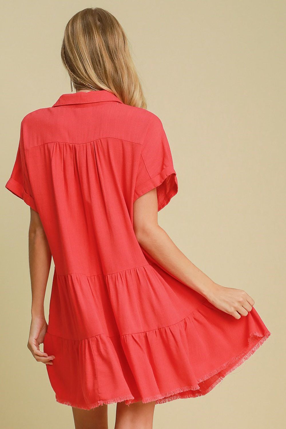 Umgee Mini Dress Ruffle Raw Hem Folded Sleeve Tiered Strawberry 4ae3bda0-1c9a-44df-8960-59f0c1af9fad-Max Trendsi