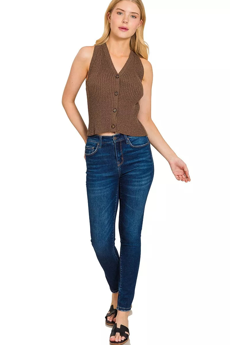 Zenana Sweater Vest Brown V Neck Buttoned Ribbed Sleeveless Knit Top 4af08ff1f8ec48e0a7b28c5c7e4d13f7-Max-Origin Trendsi