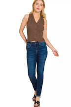 Zenana Sweater Vest Brown V Neck Buttoned Ribbed Sleeveless Knit Top 4af08ff1f8ec48e0a7b28c5c7e4d13f7-Max-Origin Trendsi