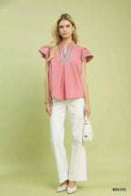 Umgee Embroidered Flutter Sleeve Blouse
