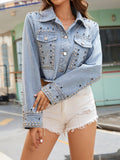 Studded Denim Jacket Button Up Long Sleeve Cropped Jean Coat Light Blue 4af8caf3-ede8-4d34-aa54-a57100be1642-Max Trendsi