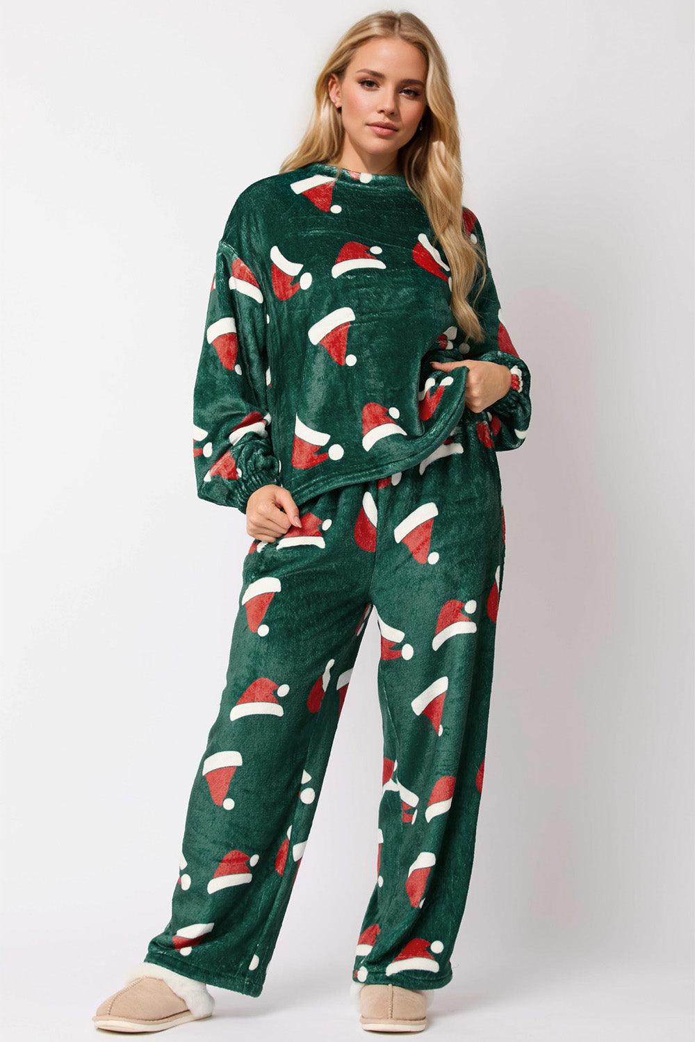 Christmas Hat Pattern Loungewear Round Neck Long Sleeve Top and Pants Set