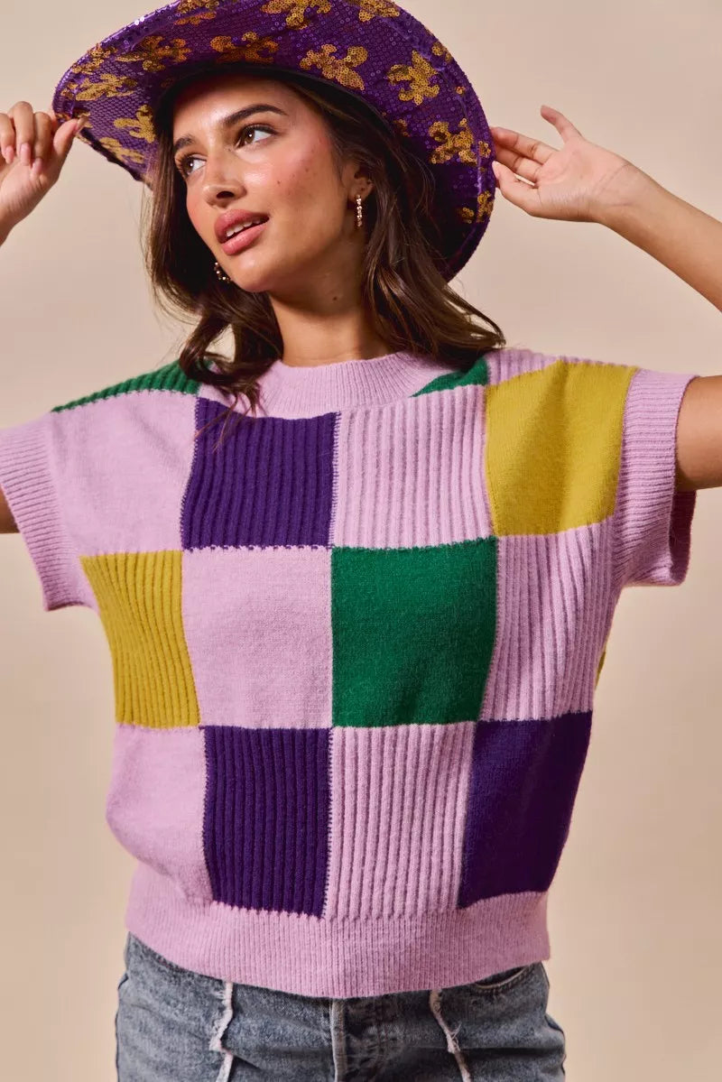 SO ME Casual Sweater Top Women Mardi Gras Check Plaid Short Sleeve Top 4b01456ba1c24895bc53a7864684dbab-Max-Origin Trendsi