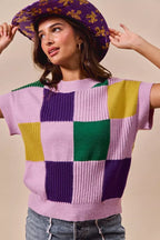 SO ME Casual Sweater Top Women Mardi Gras Check Plaid Short Sleeve Top 4b01456ba1c24895bc53a7864684dbab-Max-Origin Trendsi