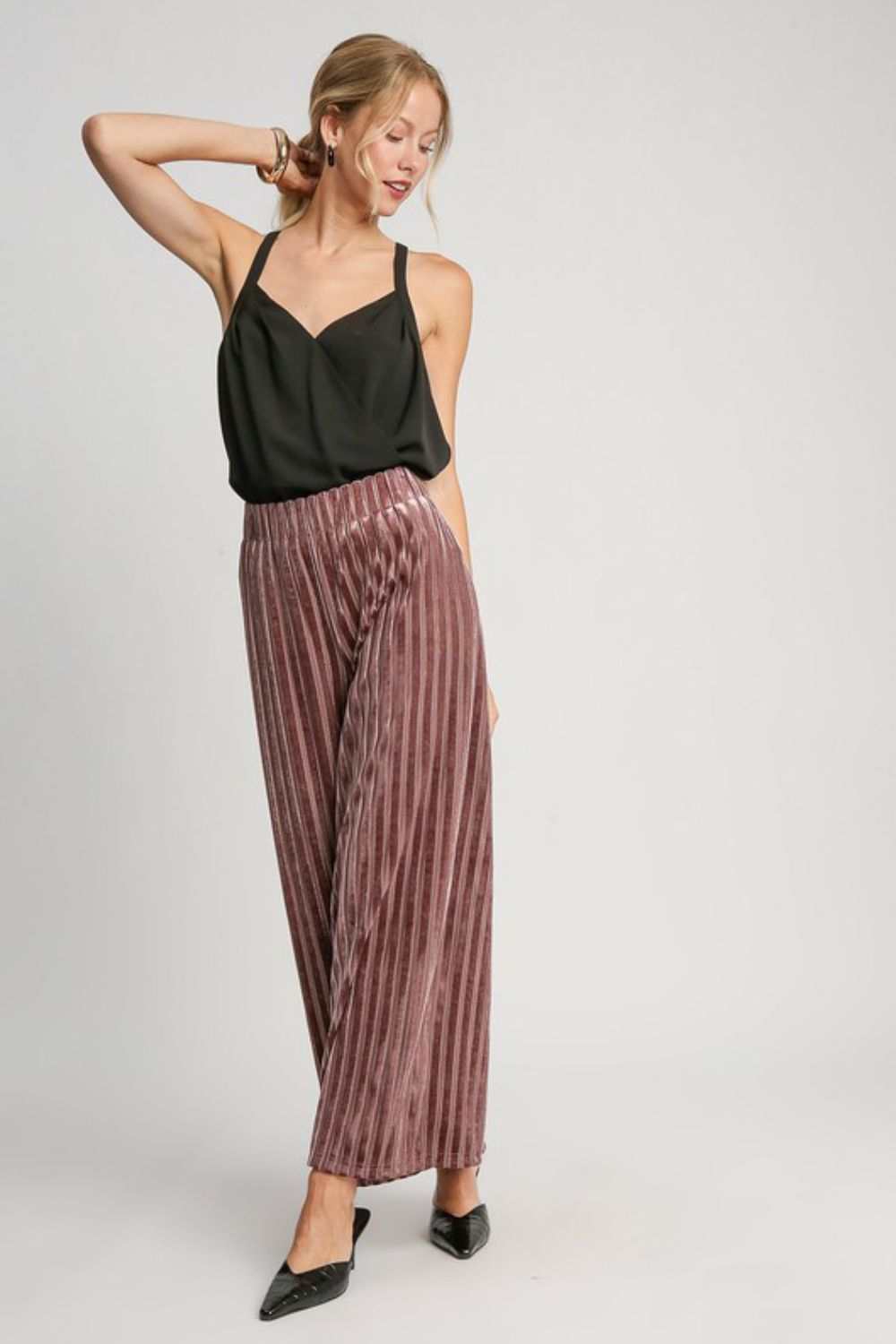 Umgee USA Women Velvet Metallic Pants Elastic Waist Striped Wide Leg