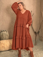Plus Size Ruffled V-Neck Dress with Tiered Balloon Sleeves