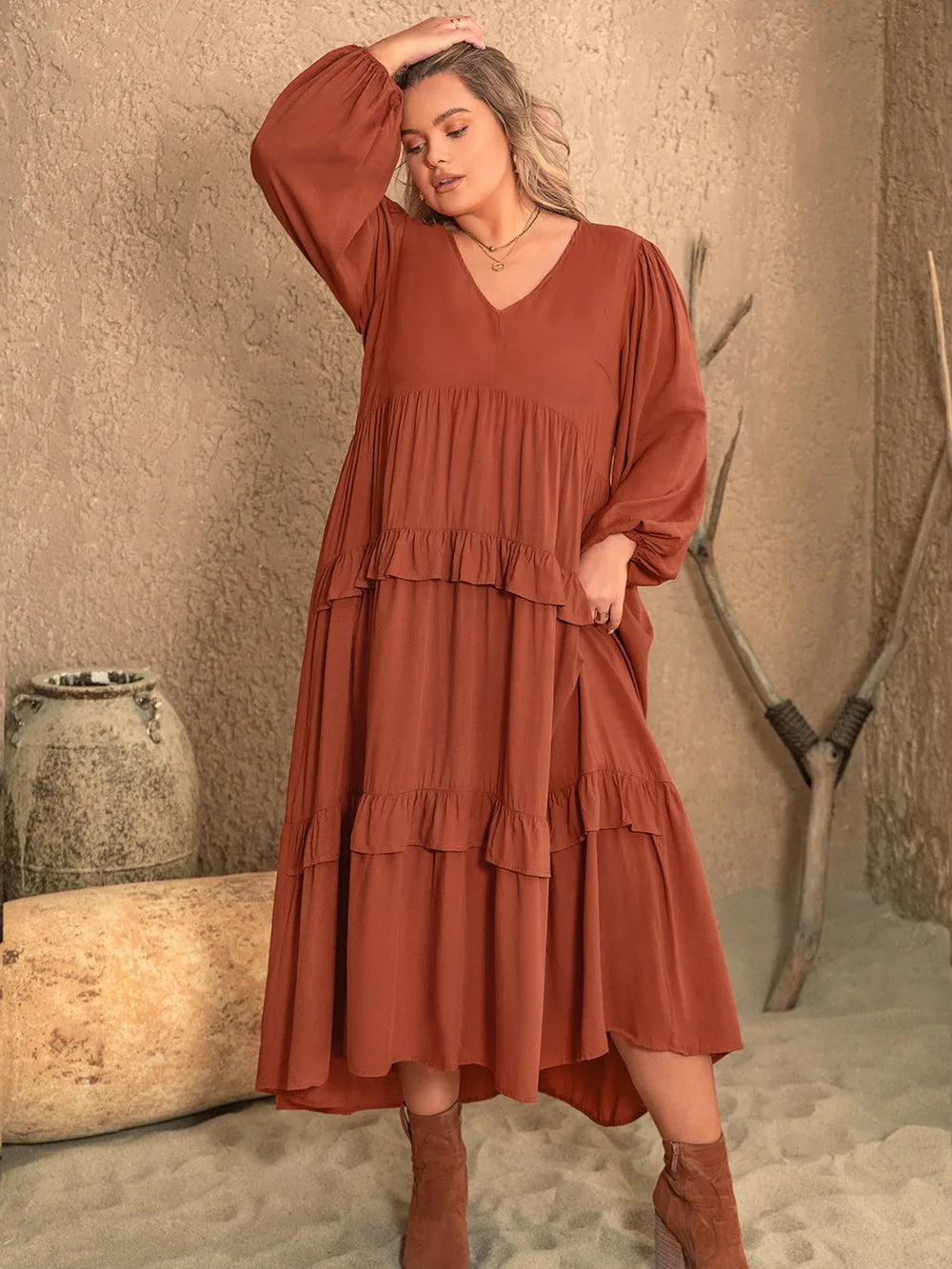 Plus Size Ruffled V-Neck Dress with Tiered Balloon Sleeves