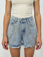 Rhinestone Chain Raw Hem Denim Shorts